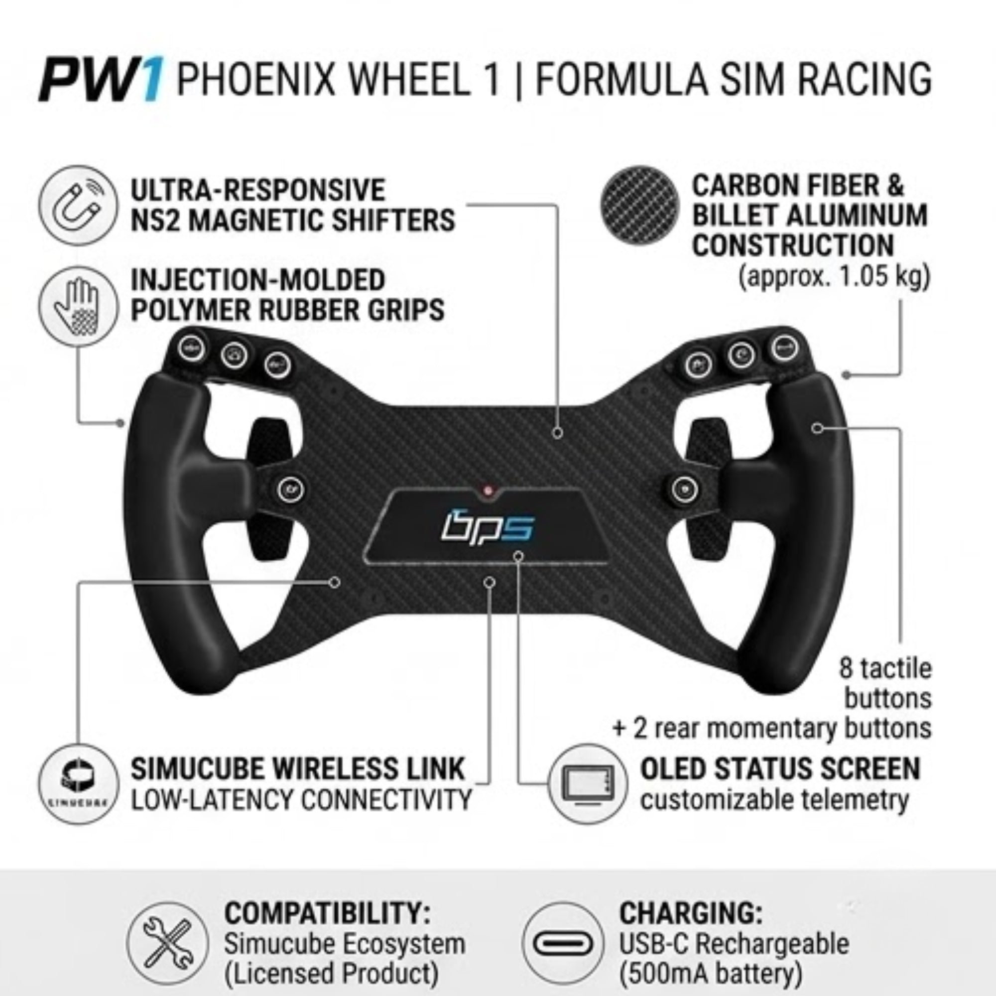 PW1 Phoenix Wheel 1 Formula Sim Racing Wireless Simucube Carbon Fiber
