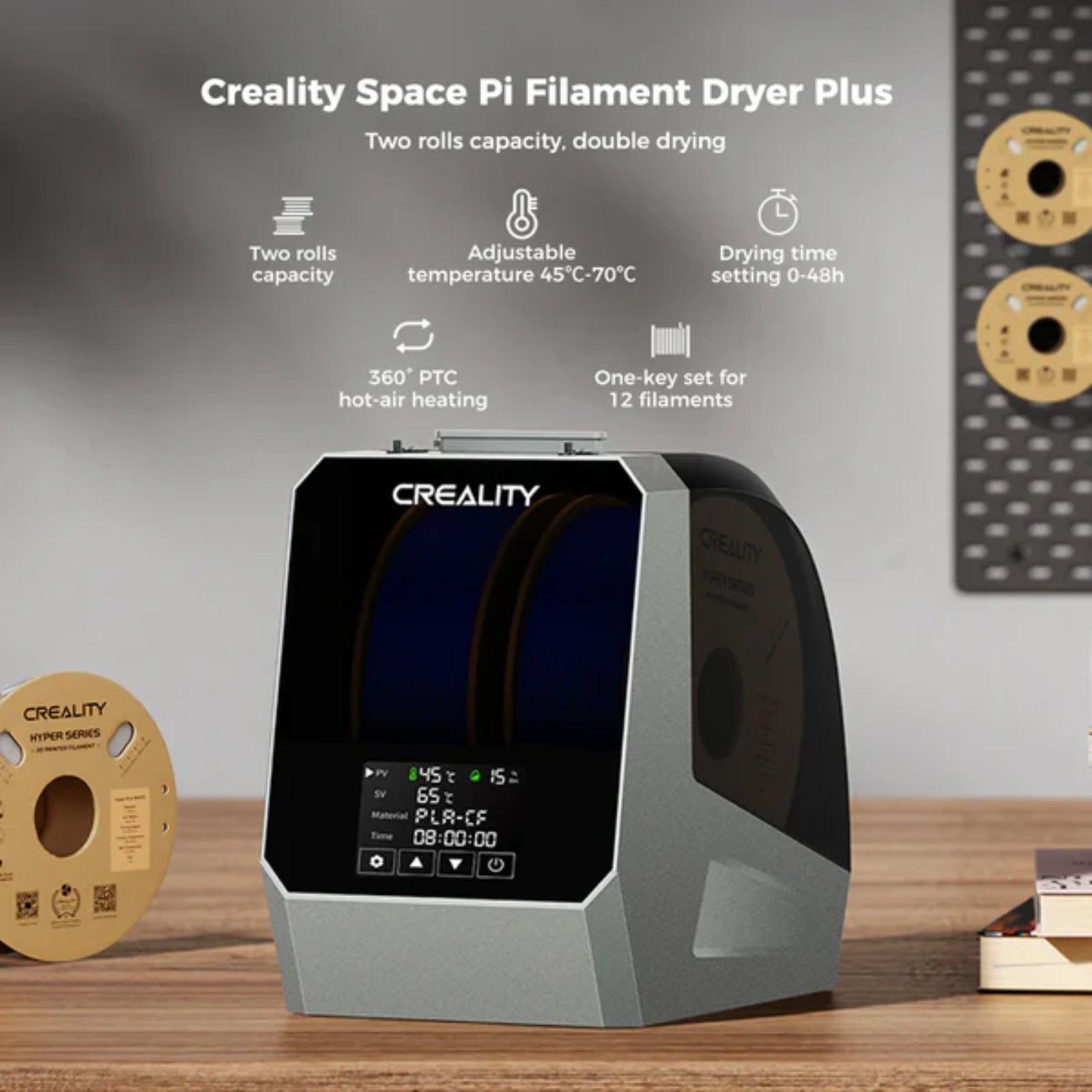 Creality Space Pi Dryer Plus Dual Spool Filament Dryer 360° Hot Air LCD Touch Moisture Control Presets