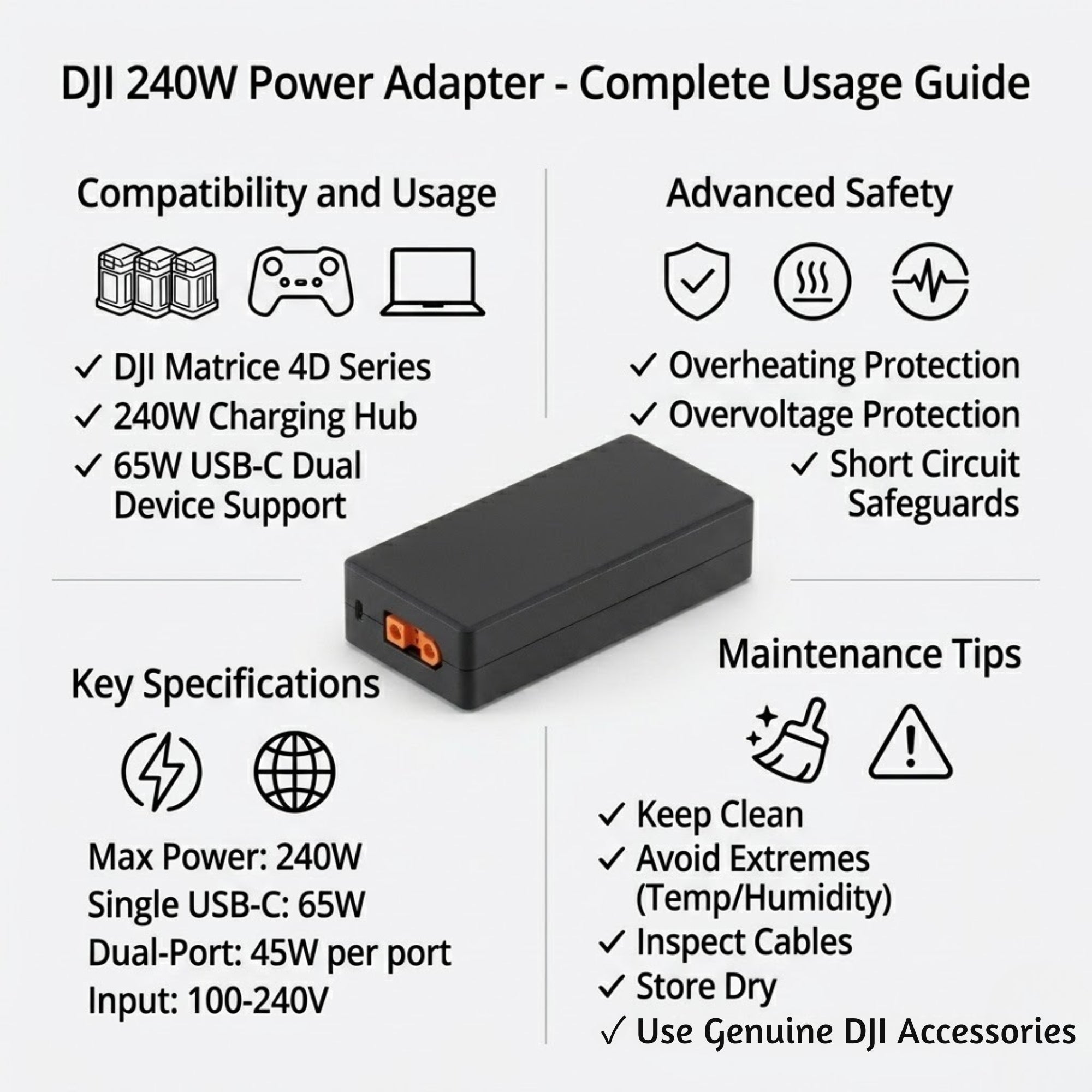 DJI 240W Power Adapter - Fast Drone Charging Power Supply
