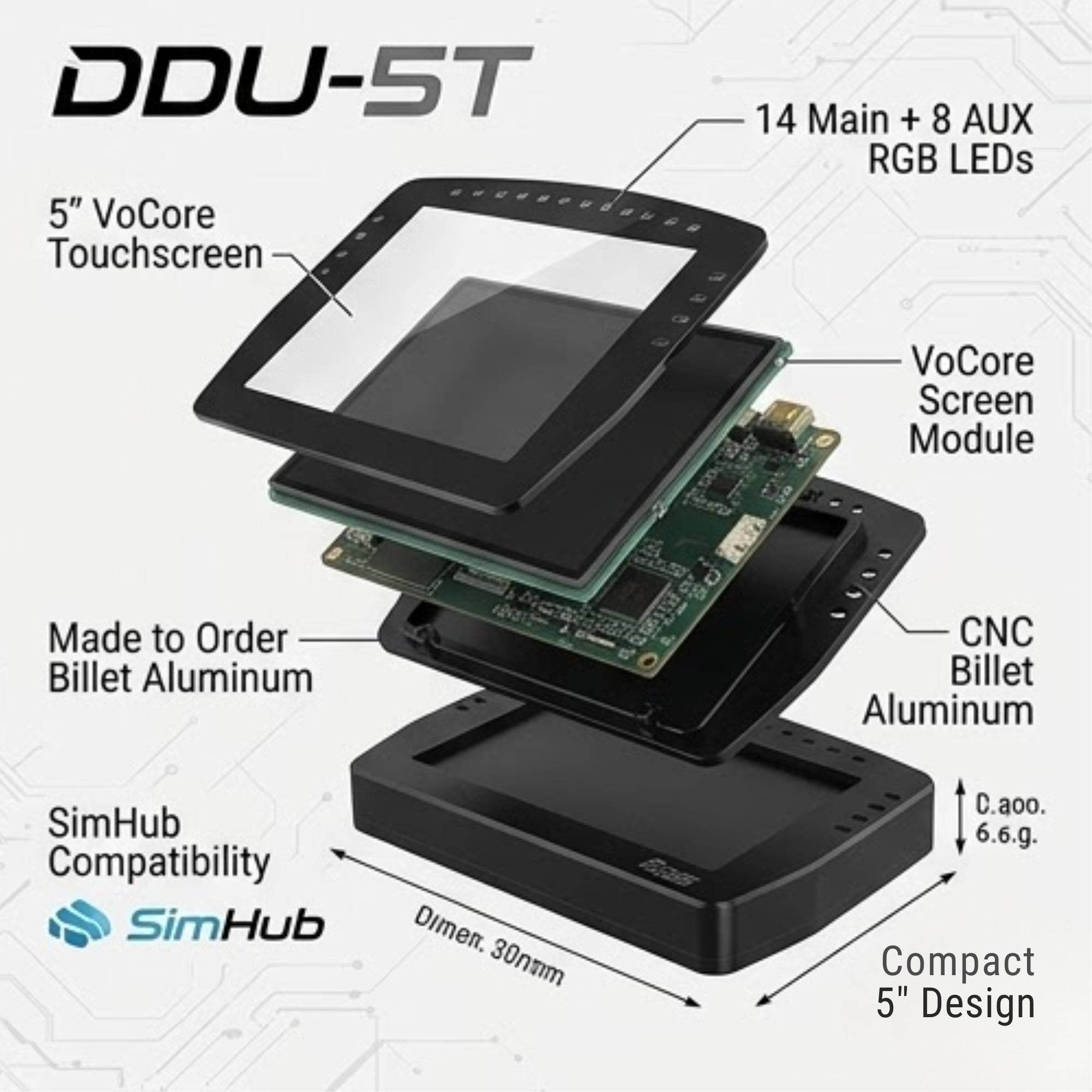 DDU-5T 5” Touch Sim Racing Display SimHub RGB Billet Aluminium Karting